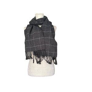 Chaps Windowpane Check Scarf With Fringe Made In Italy Charcoal Gray